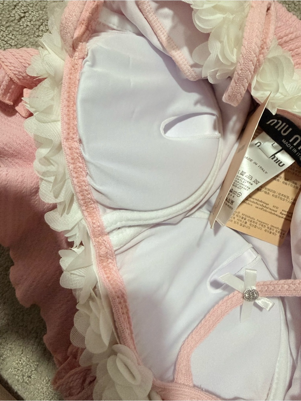 Miu Miu Pink Ribbed One-Piece with White Floral Trim and Ruffle Hem - Picture 3 of 4